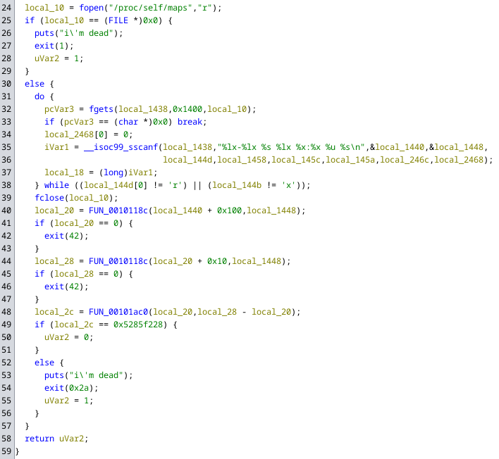 A screenshot of ghidra showing a function which verifies the memory layout of the process.