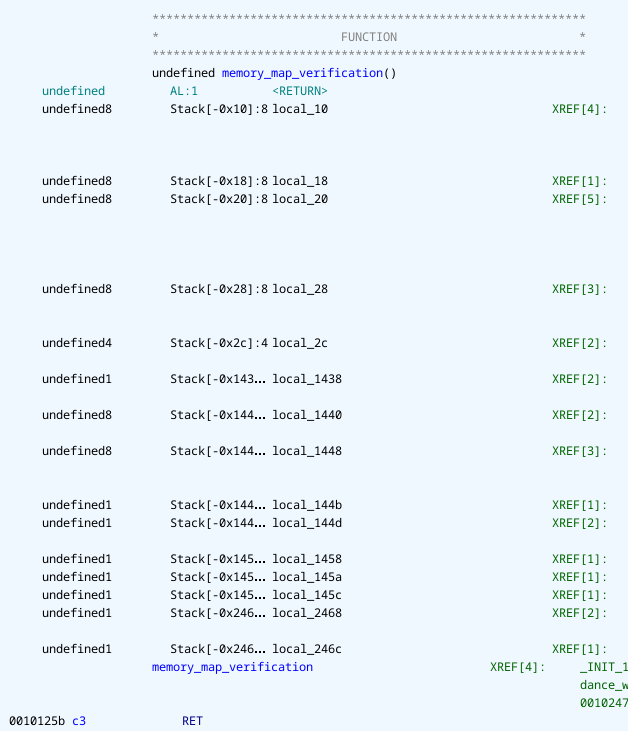 A screenshot of ghidras dissassembly view showing the memory_map_verification function with the first instruction being RET.